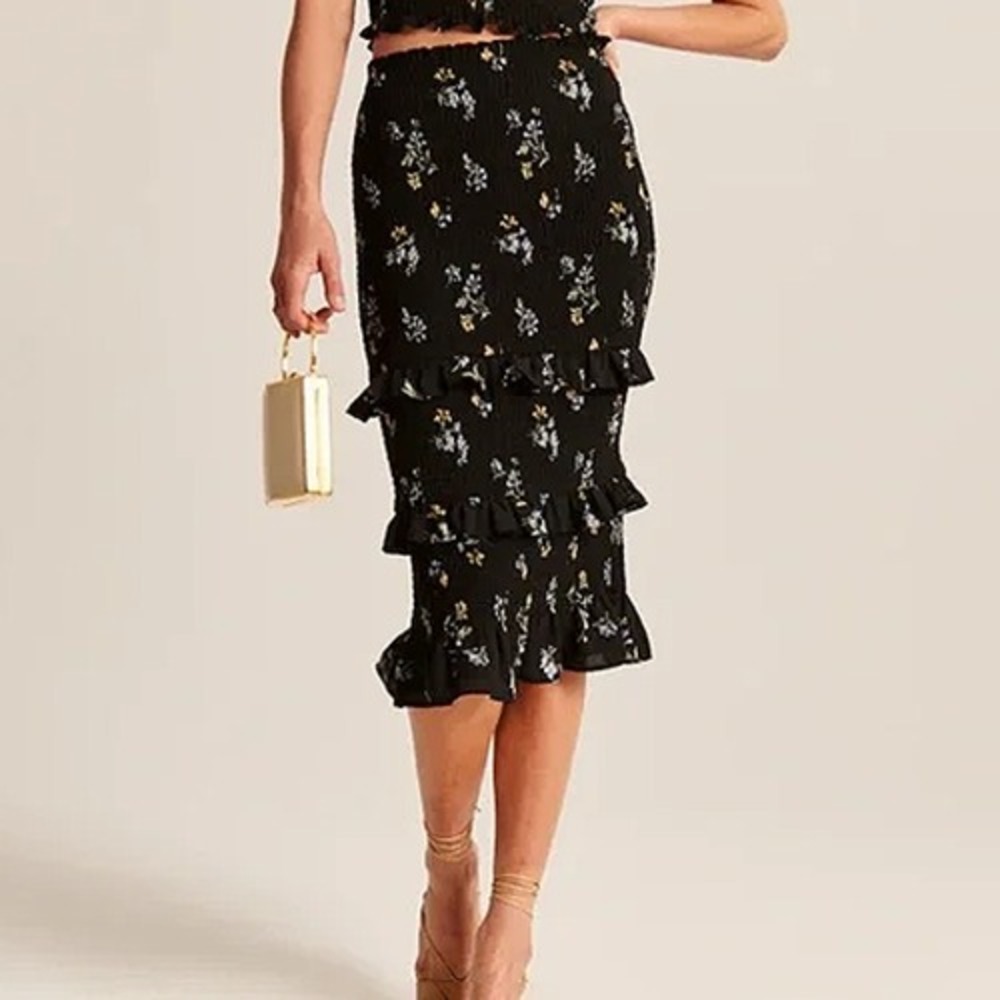 Abercrombie & Fitch Black Floral Ruffle Midi Skirt